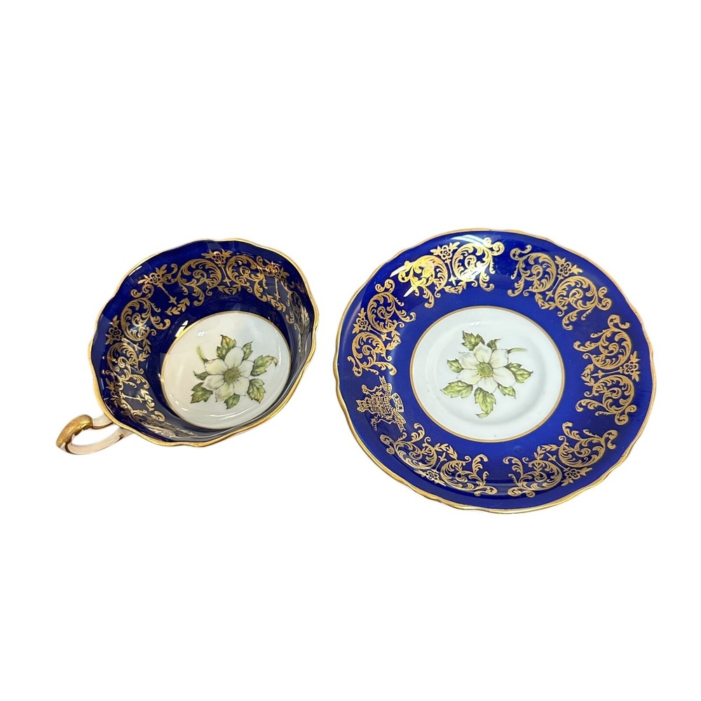 Paragon Teacup and Saucer Set Gold Blue Flower Dogwood 1958 Centennial - Picture 3 of 11
